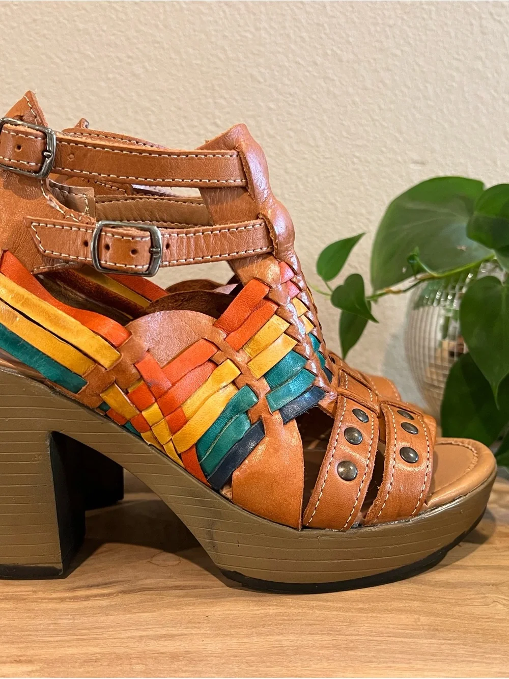 Tan Leather Platform Sandals with Multicolor Woven Accents